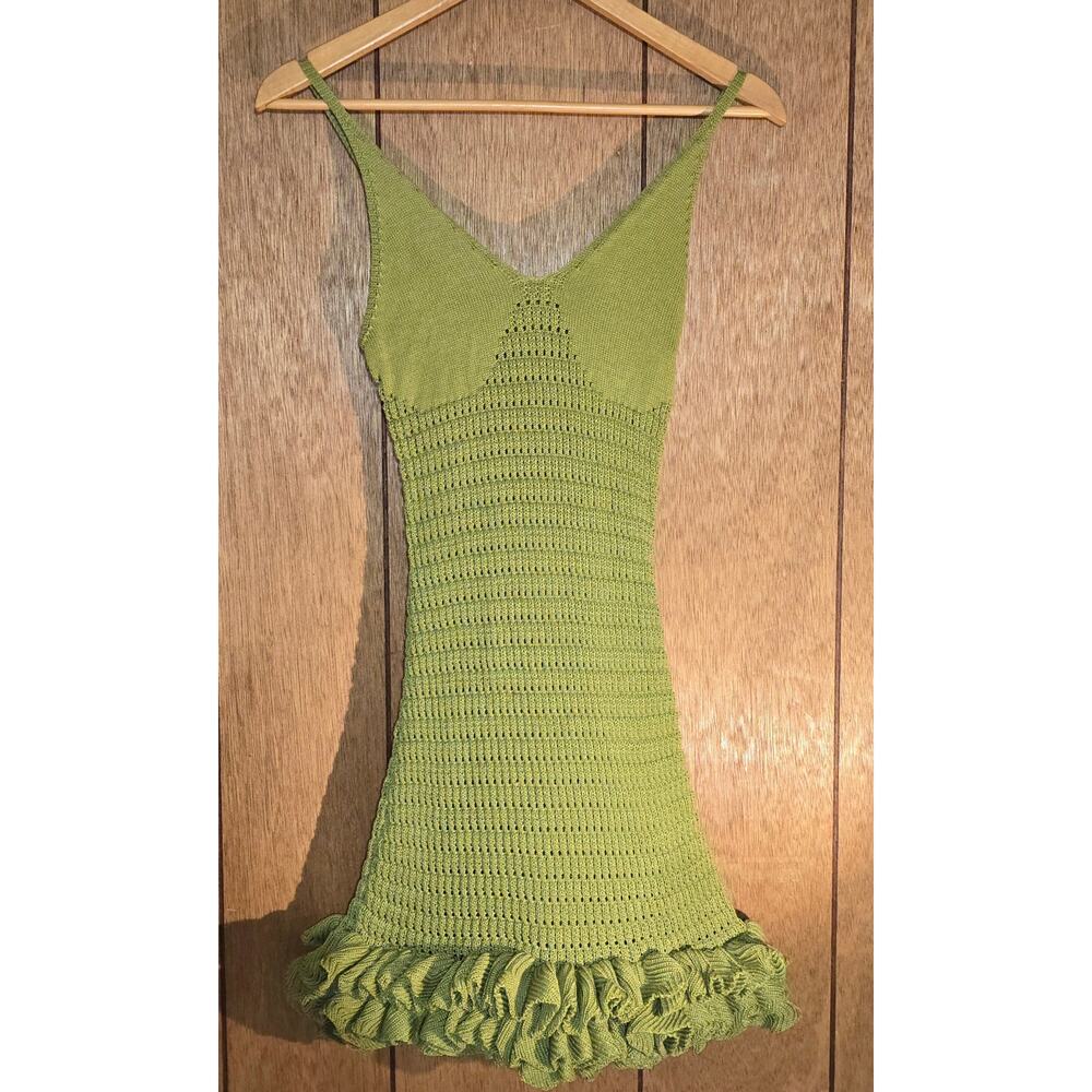 MuseRVA Crochet Knit Ruffle Hem Mini Dress Women’s Medium Green